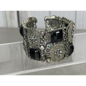 Silver Tone Flexible Metal Boho Wide Gothic Cuff Bracelet Rhinestones
